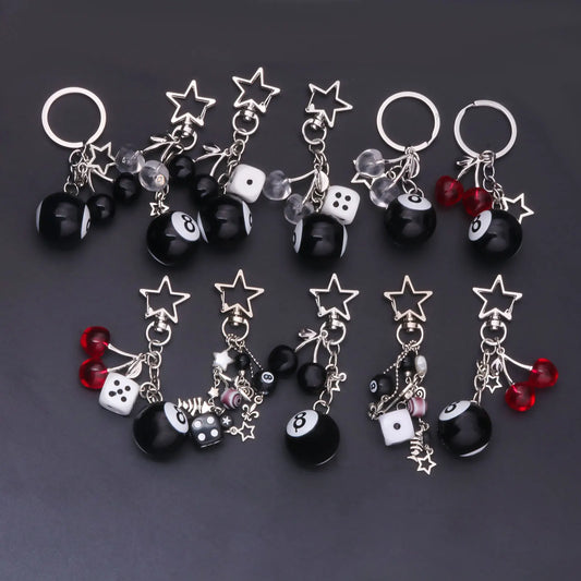Fashion 8 Ball Fruit Cherry Dice Star Keychain Phone Accessories Y2K Handmade Creative No. 8 Black Billiards Key Ring Jewelry