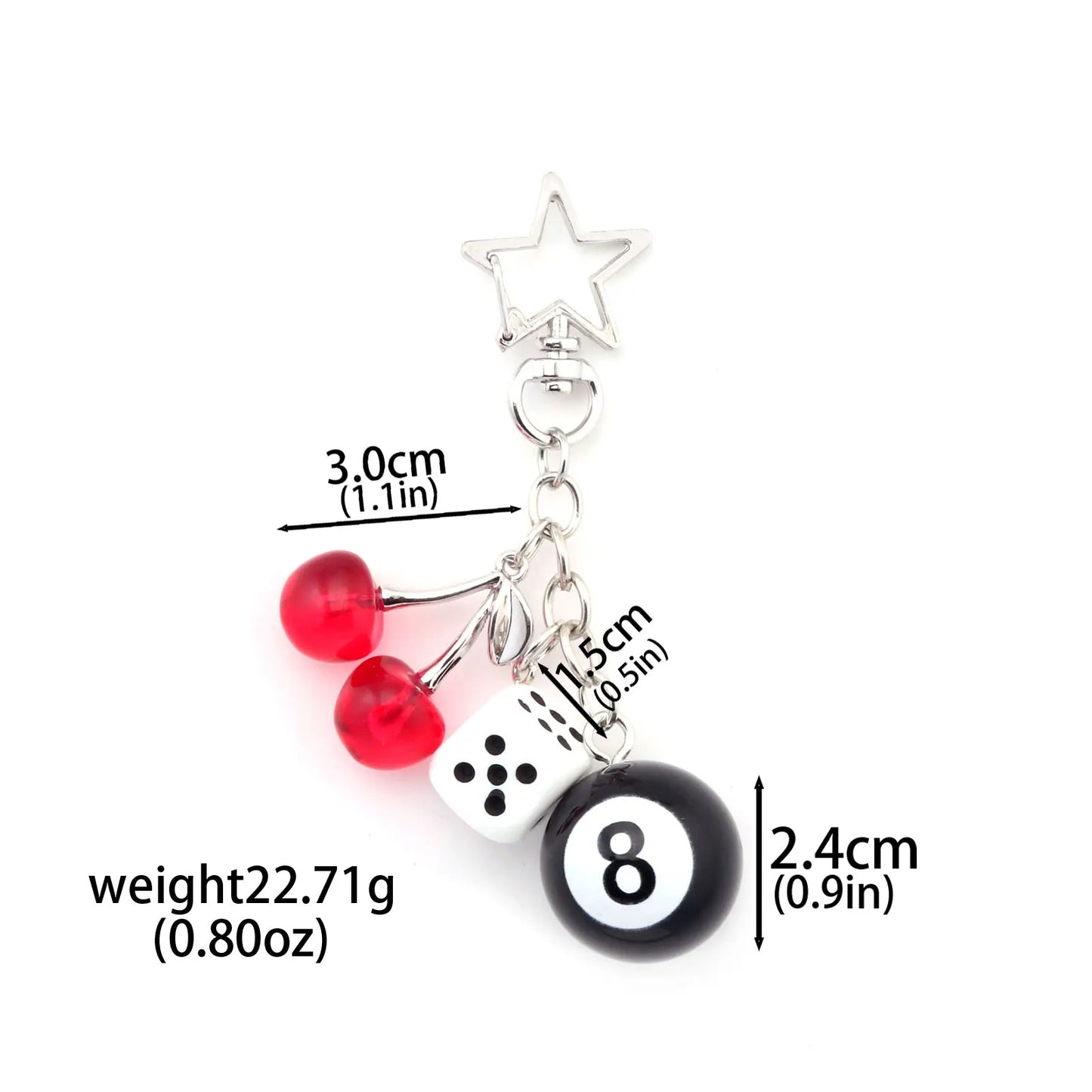 Fashion 8 Ball Fruit Cherry Dice Star Keychain Phone Accessories Y2K Handmade Creative No. 8 Black Billiards Key Ring Jewelry