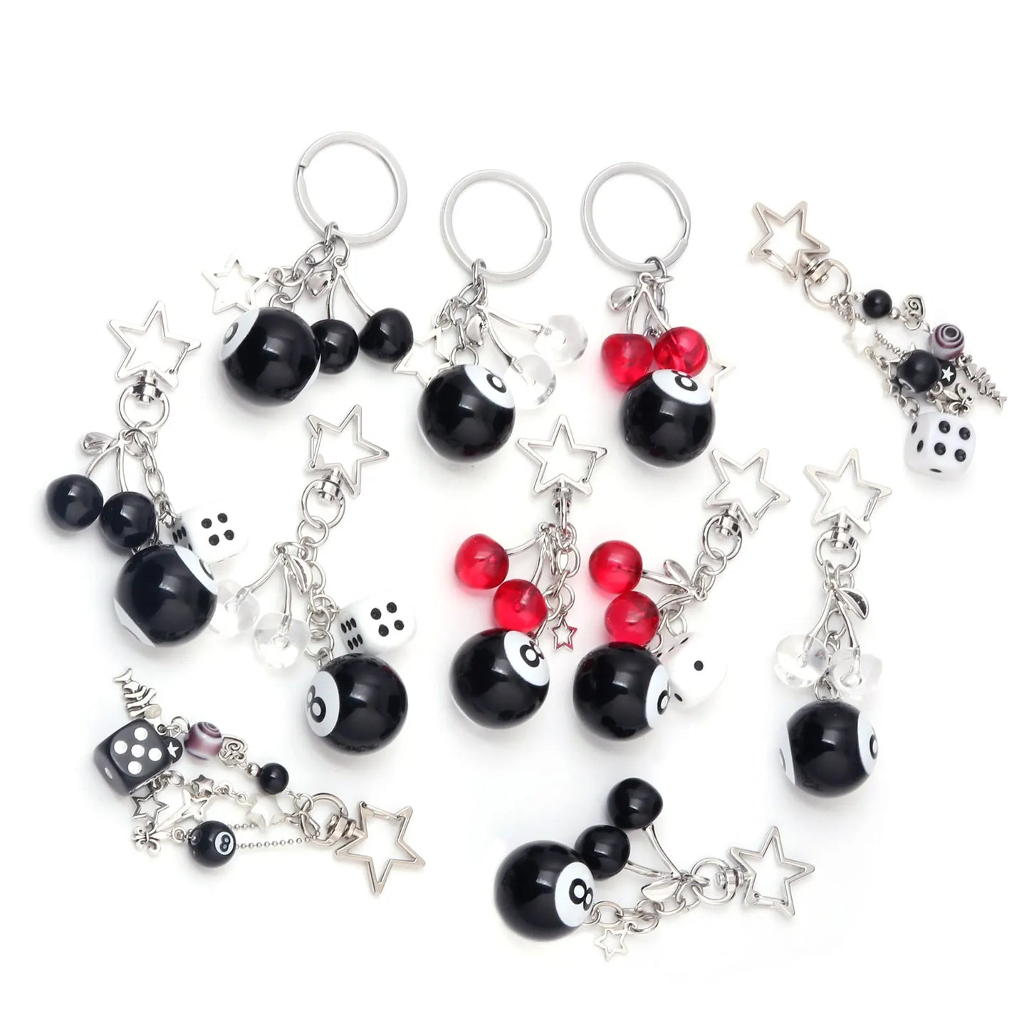Fashion 8 Ball Fruit Cherry Dice Star Keychain Phone Accessories Y2K Handmade Creative No. 8 Black Billiards Key Ring Jewelry